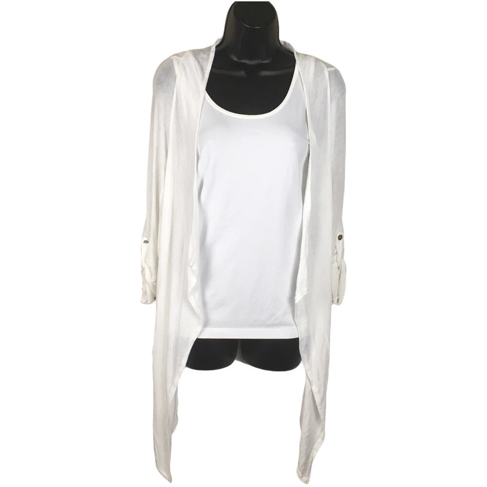Scandal Italy Cardigan Open Front Waterfall Lace Back Silk Blend Rolltab‎ Sleeve